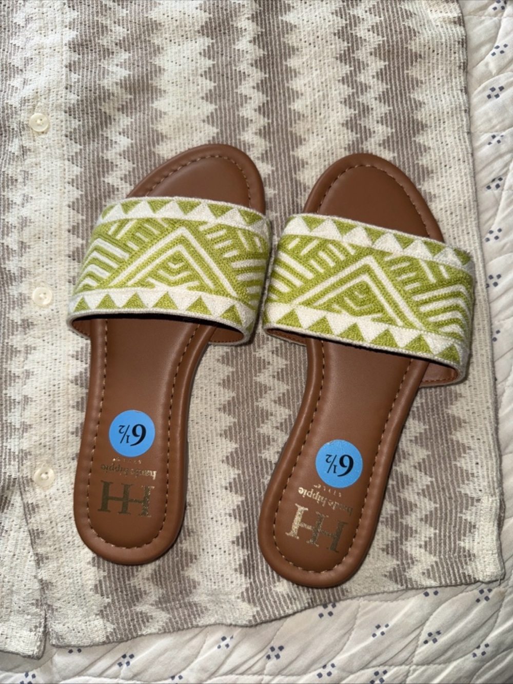 Haute Hippie Olive Green & Creme Boho Print Summer Sandals Size 6.5